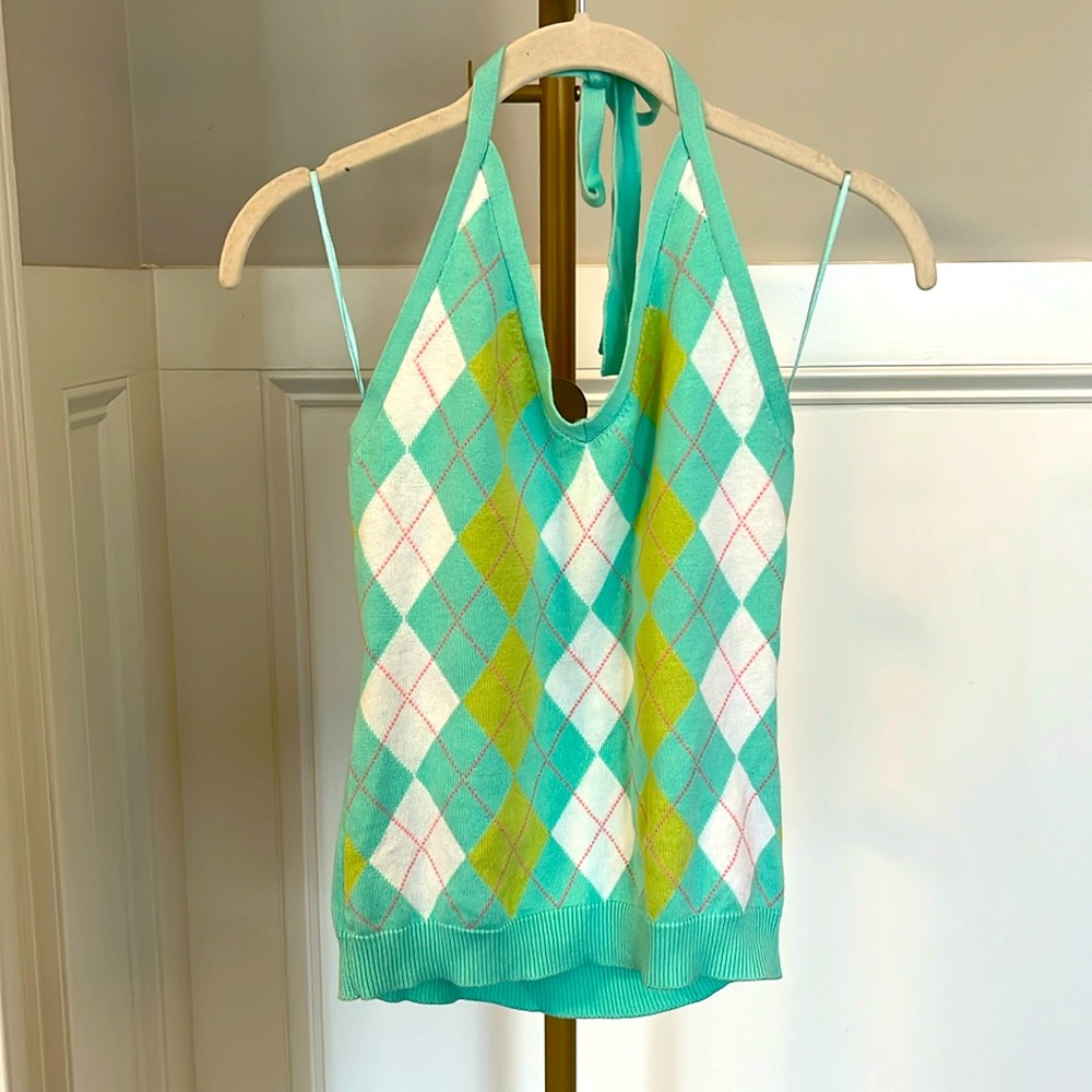 EUC Michael Michael Kohrs Argyle Halter Top Mint Green, Pink, White and Green-S